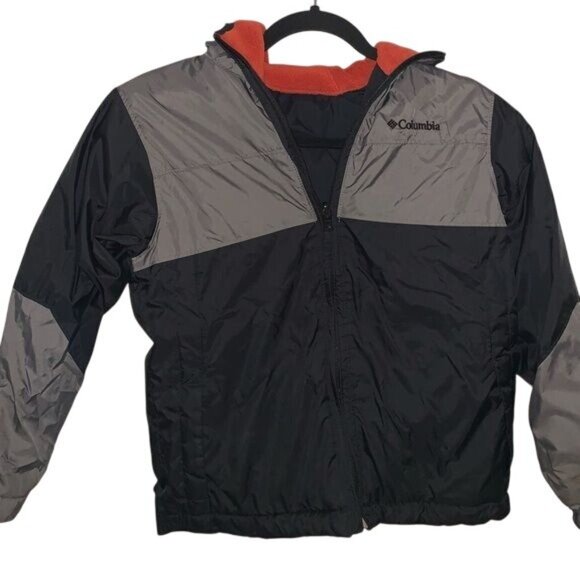 Columbia Youth Reversible Jacket Size 8 Black & Gray With Orange Fleece Liner Ho - Picture 1 of 8